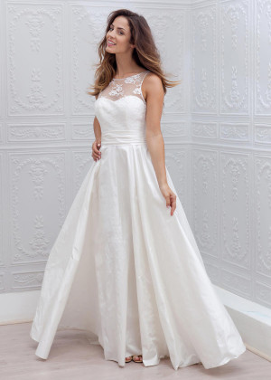 Ivory Lace Taffeta Keyhole Back Long Wedding Dress
